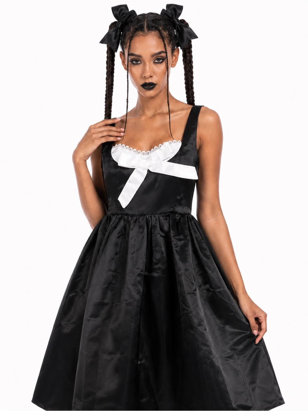 DUSTY ROSE White Satin Bow Lolita Babydoll Midi Dress Black Size Small